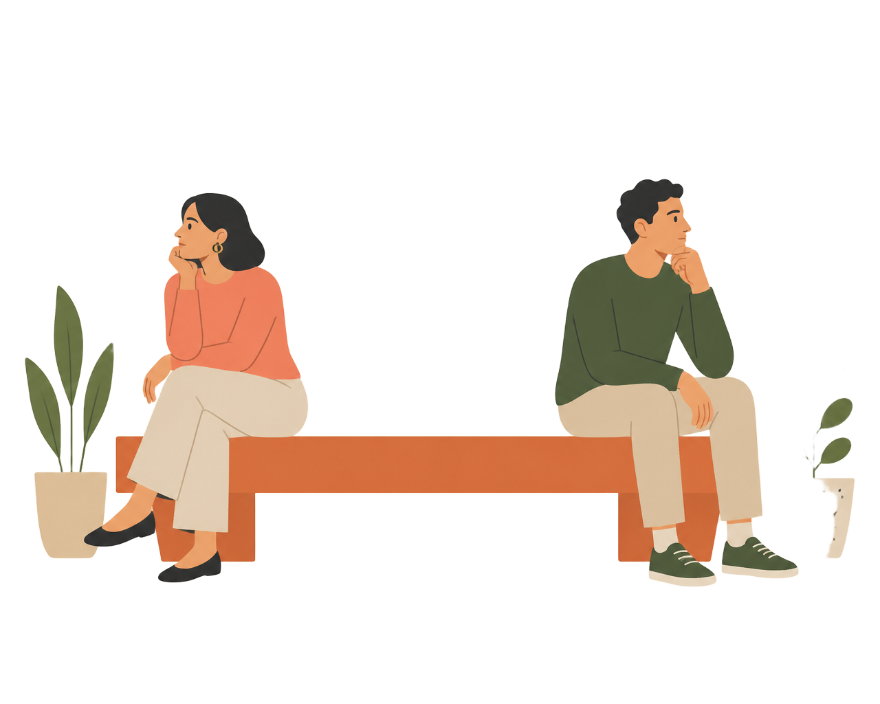 Duas pessoas sentadas em pontas opostas de um banco, pensativas