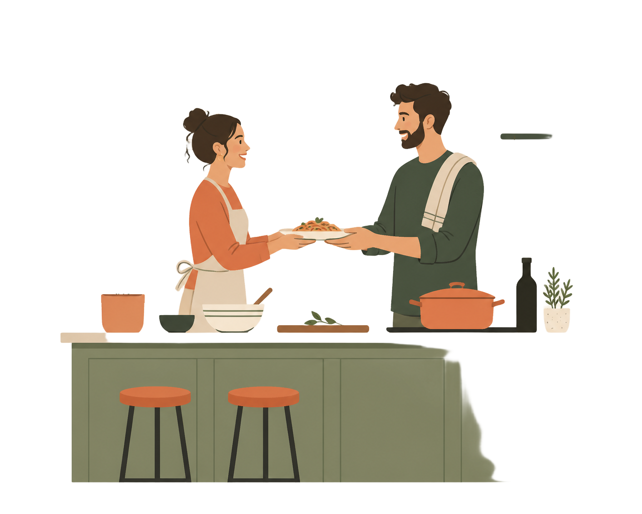 Casal cozinhando junto e servindo um prato