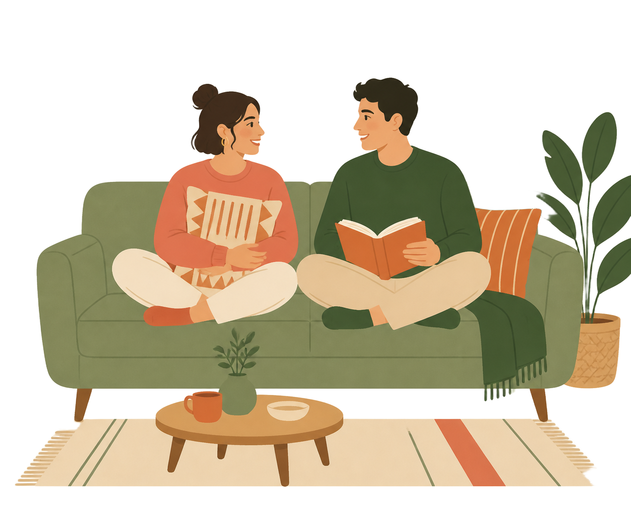 Casal sentado no sofá conversando com tranquilidade